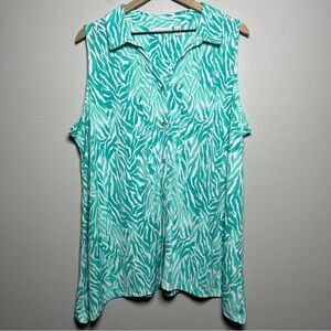 Susan Graver Women Top 2X‎ Green White Liquid Knit Tunic Pockets Stretch Tank